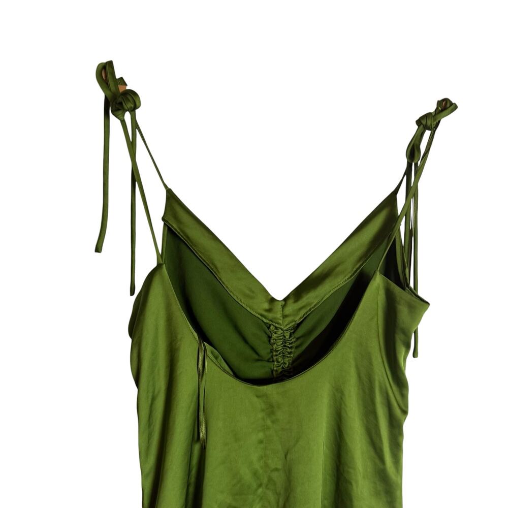 Sandro Zola Green Satin Ruched Front Tie Strap Slip Cocktail Midi Dress Size 4 - Picture 11 of 15